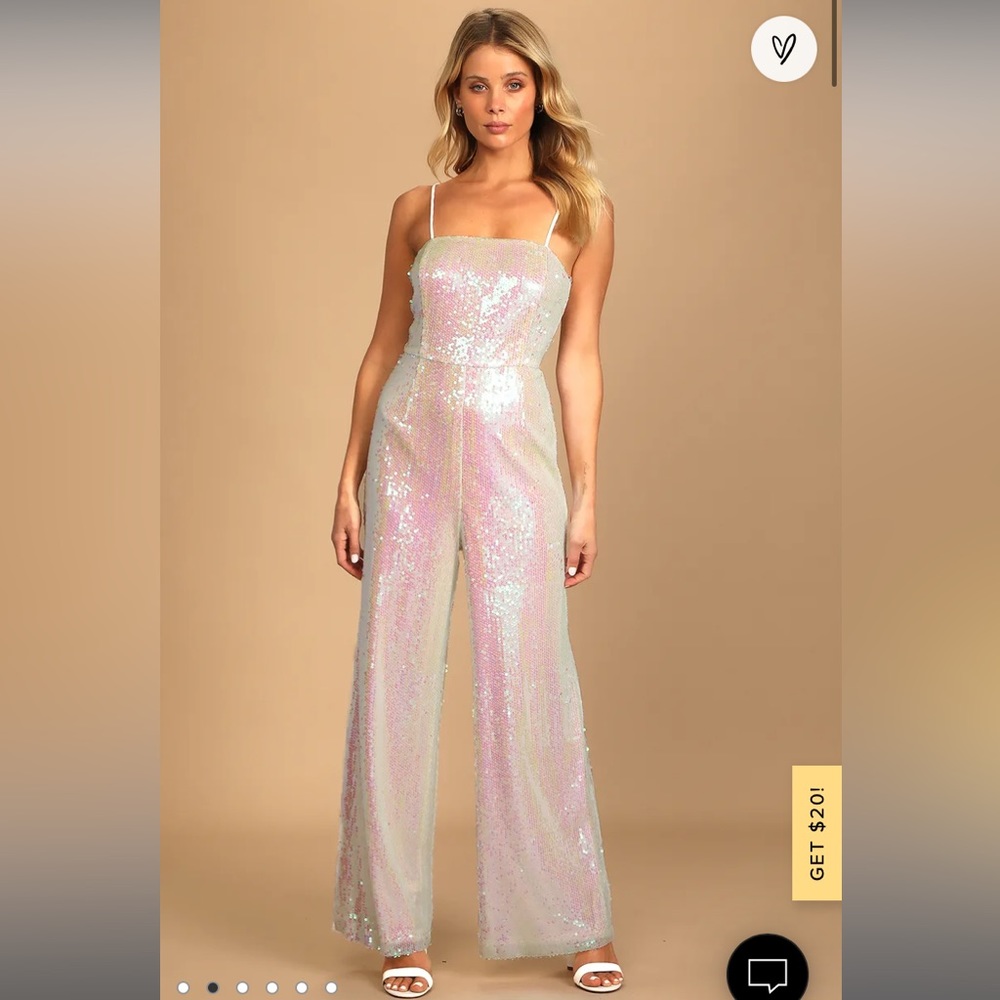 Lulus Going to Glow Iridescent White Sequin Sleeveless Jumpsuit (sz M)